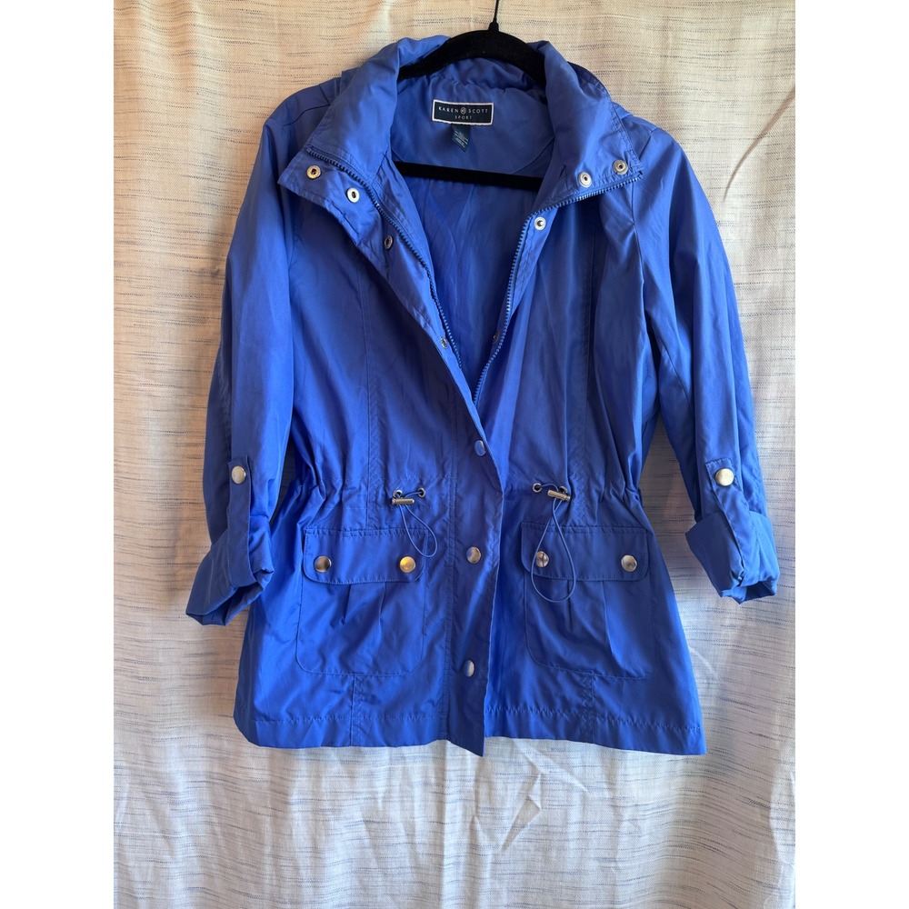 Karen Scott Sport Blue Utility Jacket Hooded Drawstring Waist Roll Tab Sleeve XS